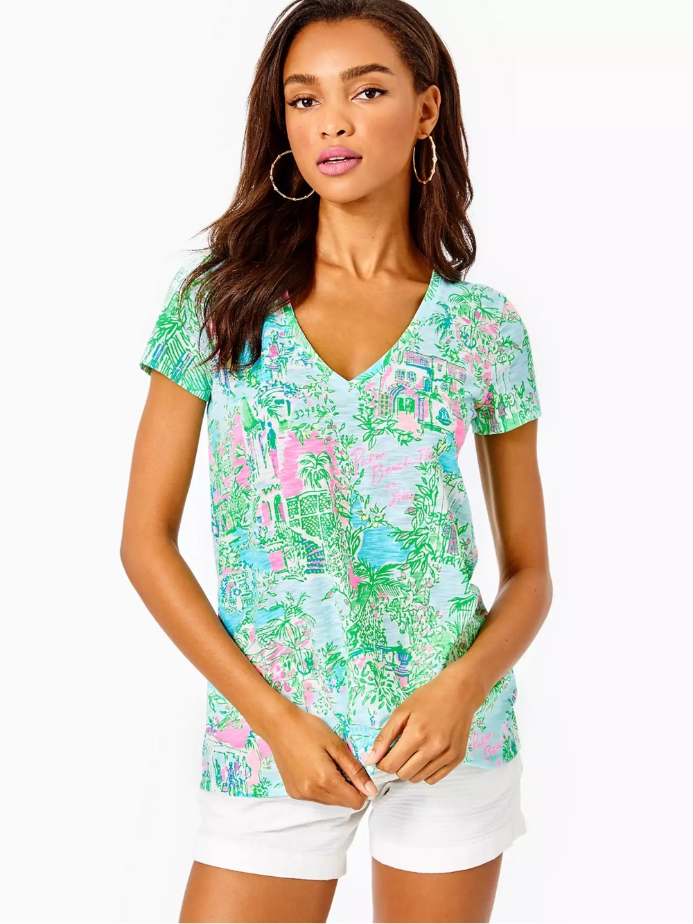 Lilly Pulitzer Pink & Green Palm V-Neck Tropical Tee NWOT
